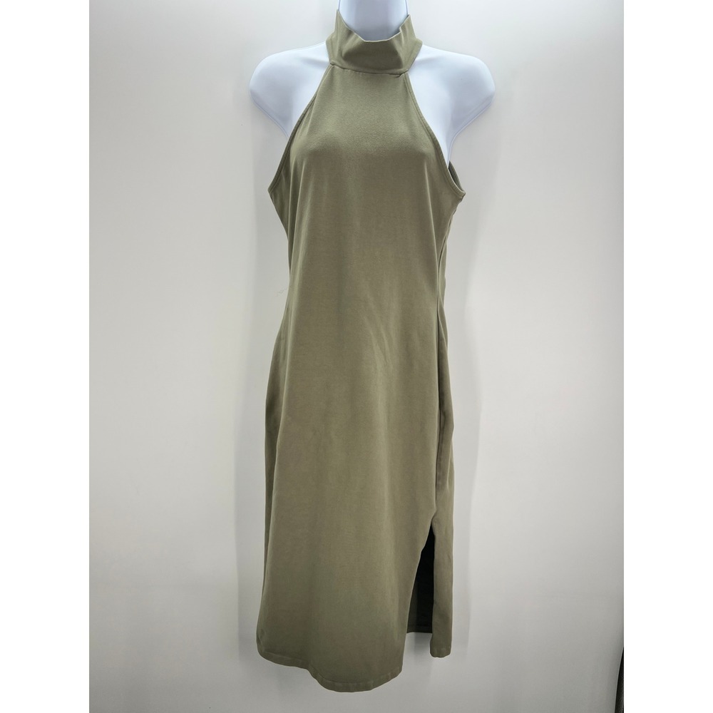 Monrow Olive Green Halter Midi Dress Small Minimalist Quiet Luxury Slit Dress